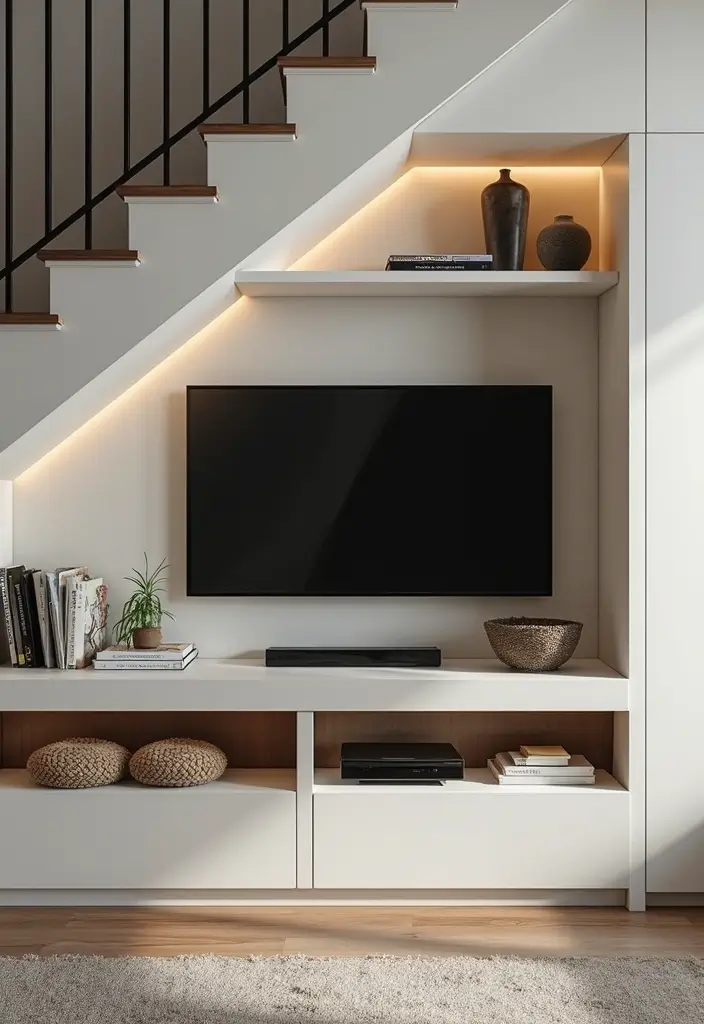 29 Living Room Under Stairs Ideas That Use Space Smartly - 22. Stylish Media Center