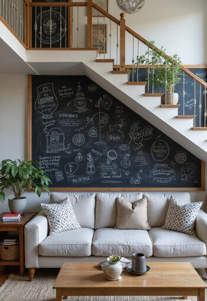 29 Living Room Under Stairs Ideas That Use Space Smartly - 23. Interactive Chalkboard Wall
