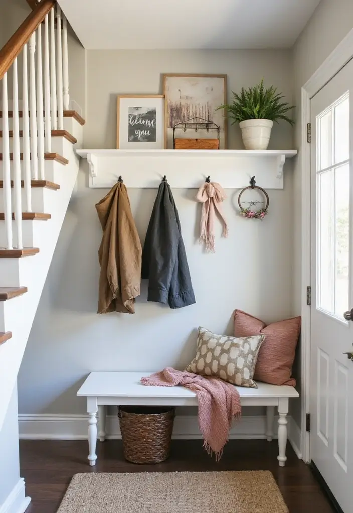 29 Living Room Under Stairs Ideas That Use Space Smartly - 24. Personalized Welcome Space