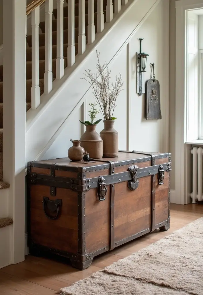 29 Living Room Under Stairs Ideas That Use Space Smartly - 25. Vintage Trunk Storage