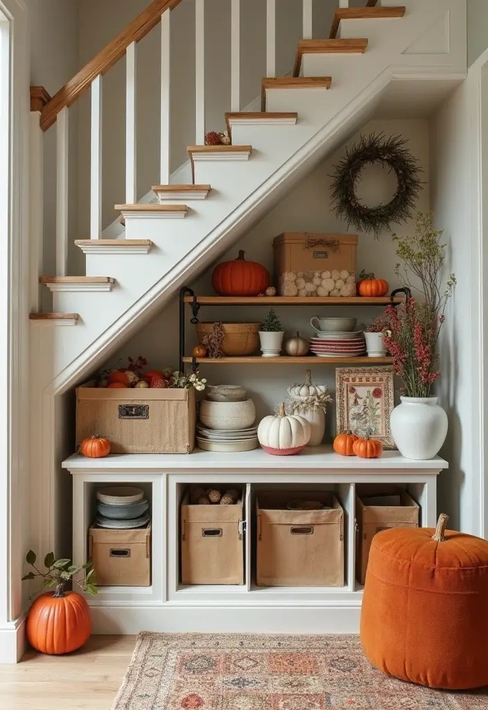 29 Living Room Under Stairs Ideas That Use Space Smartly - 26. Seasonal Decoration Storage