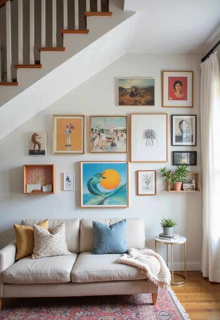 29 Living Room Under Stairs Ideas That Use Space Smartly - 5. Gallery Wall Display
