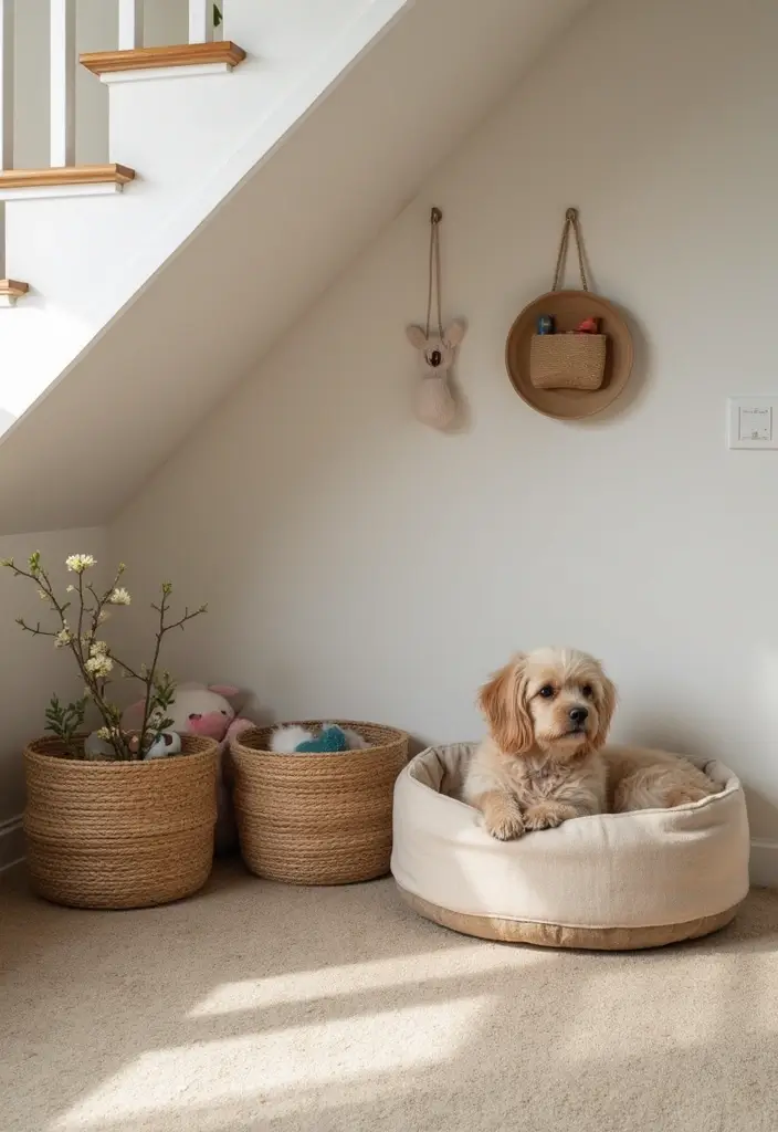 29 Living Room Under Stairs Ideas That Use Space Smartly - 6. Playful Pet Area