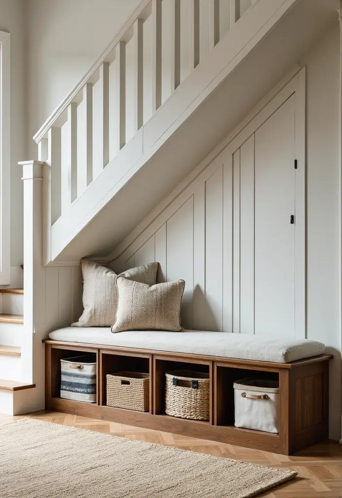 29 Living Room Under Stairs Ideas That Use Space Smartly - 8. Stylish Shoe Rack