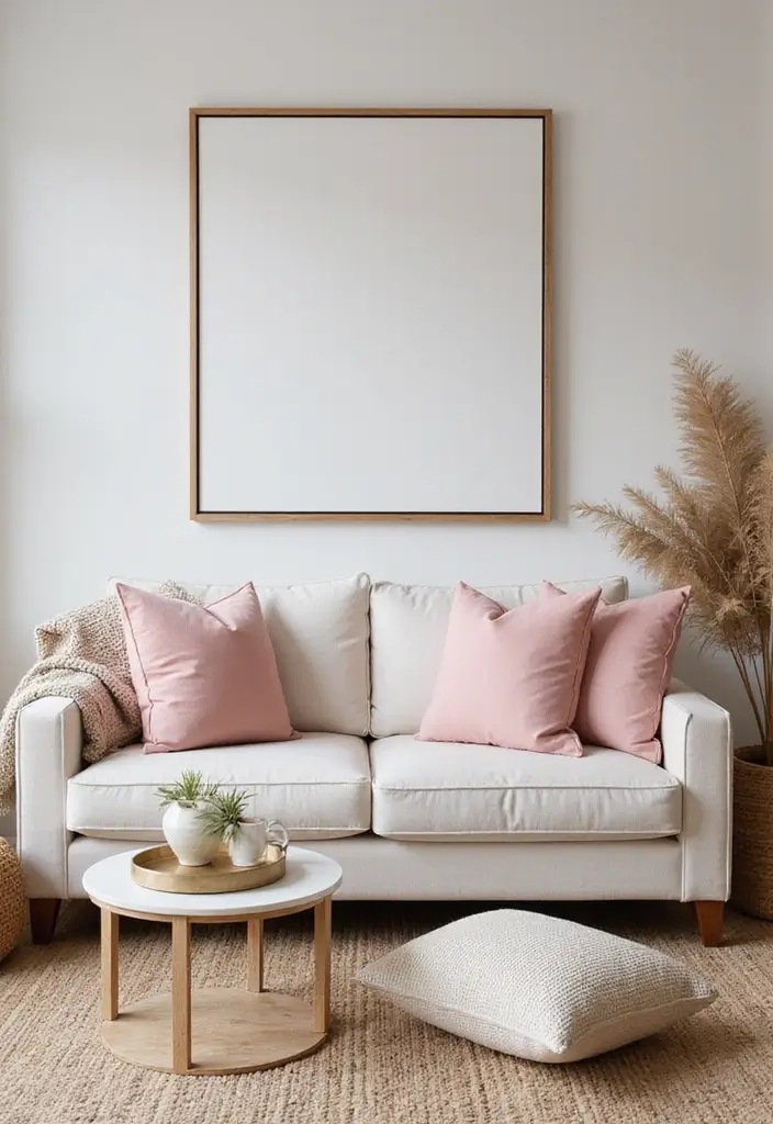 29 Pastel Color Living Room Ideas That Feel Soft and Dreamy - 1. Soft Pink Accents