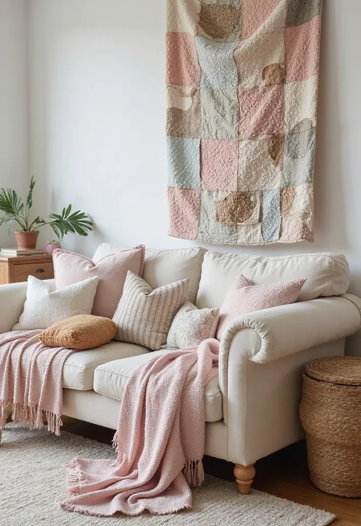 29 Pastel Color Living Room Ideas That Feel Soft and Dreamy - 10. Layering Pastel Textiles