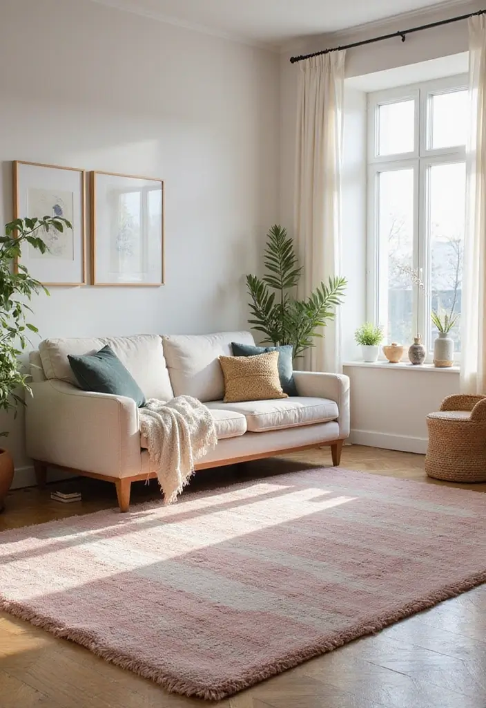 29 Pastel Color Living Room Ideas That Feel Soft and Dreamy - 14. Pastel Area Rugs