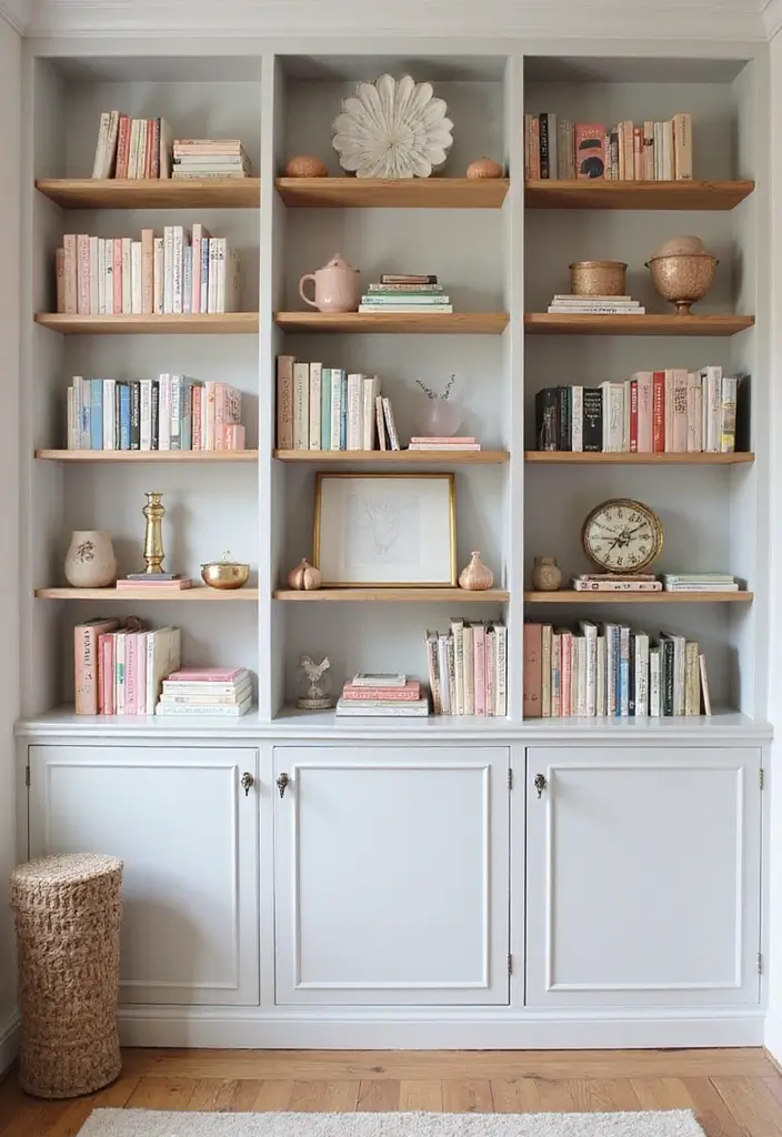 29 Pastel Color Living Room Ideas That Feel Soft and Dreamy - 19. Pastel Bookshelf Styling