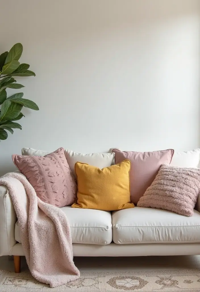 29 Pastel Color Living Room Ideas That Feel Soft and Dreamy - 20. Pastel Throw Pillows