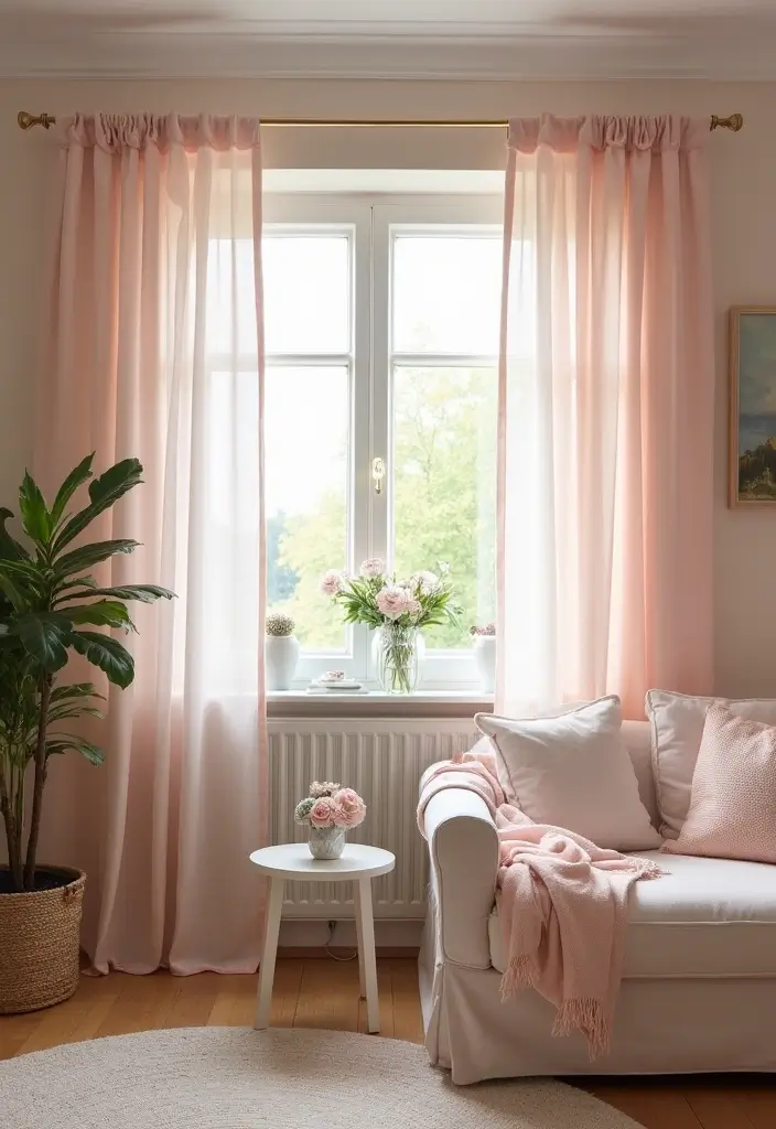 29 Pastel Color Living Room Ideas That Feel Soft and Dreamy - 22. Pastel Window Treatments