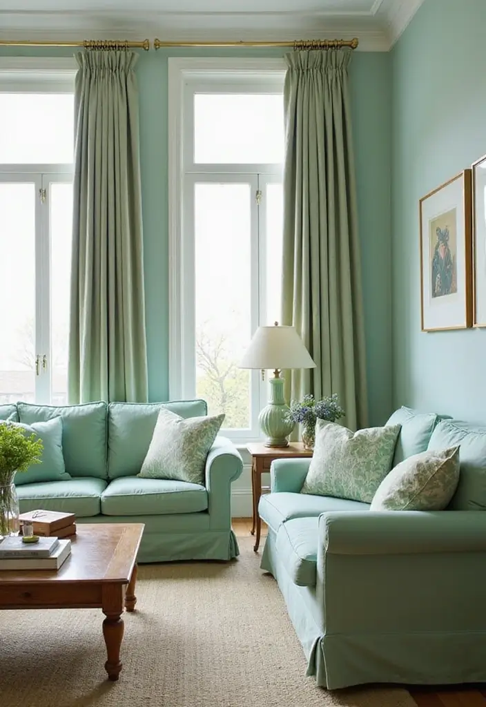 29 Pastel Color Living Room Ideas That Feel Soft and Dreamy - 3. Mint Green Marvel