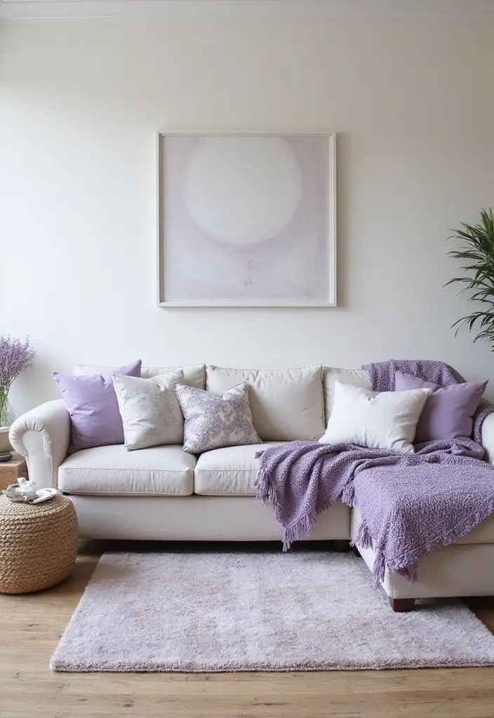 29 Pastel Color Living Room Ideas That Feel Soft and Dreamy - 4. Soft Lavender Touches