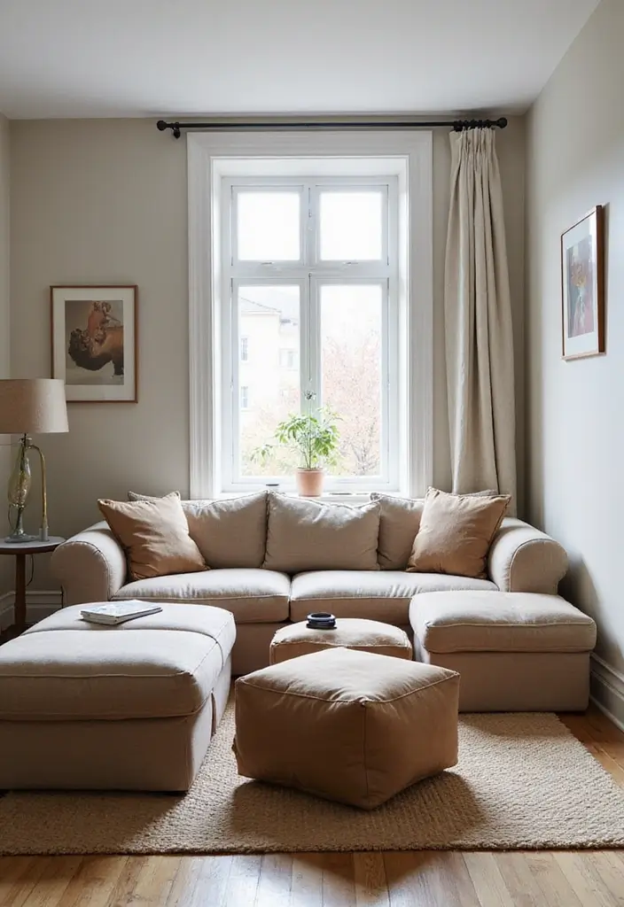 29 Small Living Room With Kitchen Ideas That Maximize Every Inch - 11. Multi-Purpose Ottomans for Extra Seating