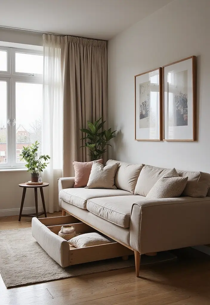 29 Small Living Room With Kitchen Ideas That Maximize Every Inch - 13. Utilize Under-Sofa Storage