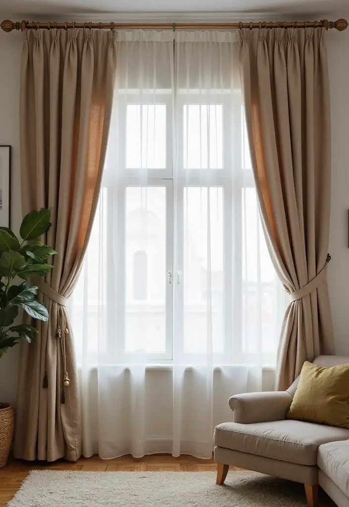 29 Small Living Room With Kitchen Ideas That Maximize Every Inch - 23. Layer Curtains for Style and Privacy