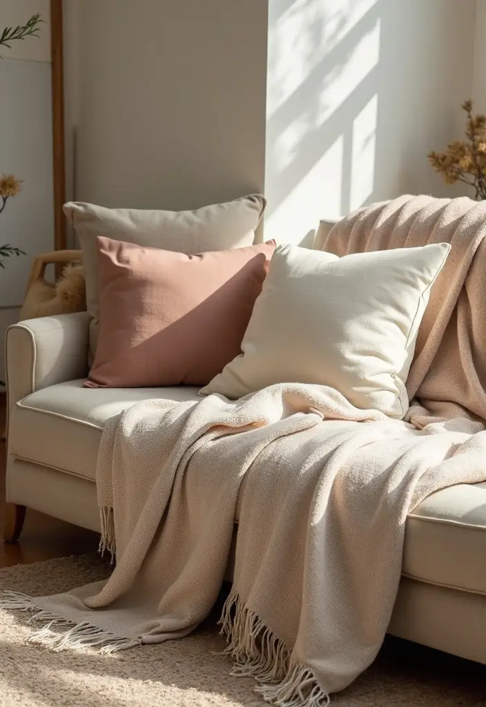 29 Wabi Sabi Living Room Ideas That Embrace Imperfection - 10. Layering Textiles