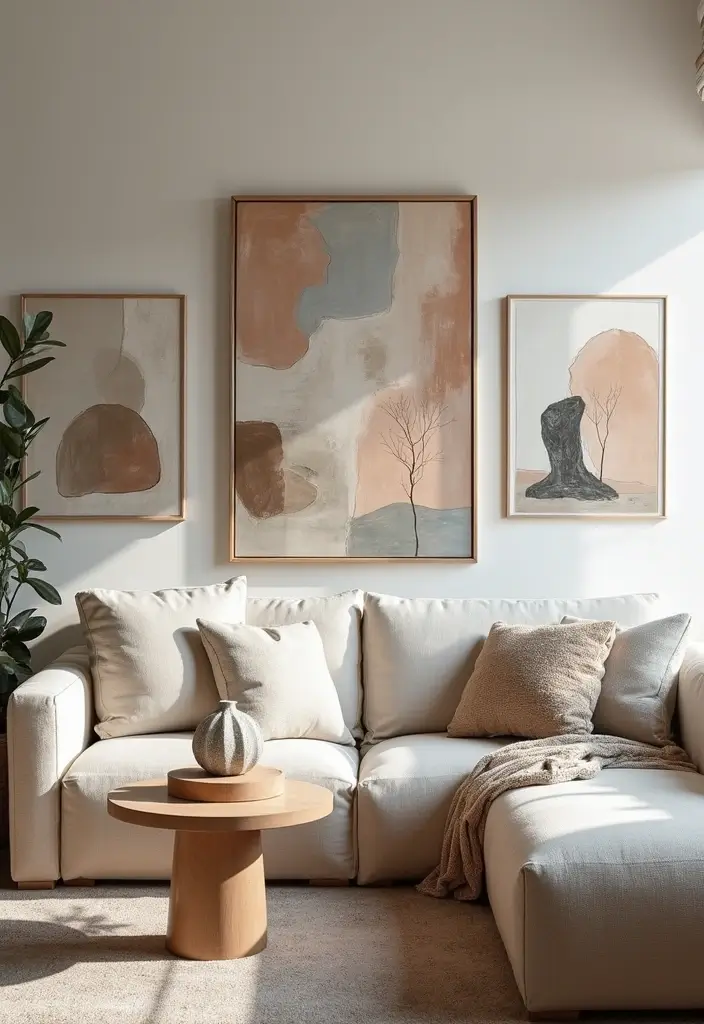 29 Wabi Sabi Living Room Ideas That Embrace Imperfection - 11. Embracing Imperfect Art