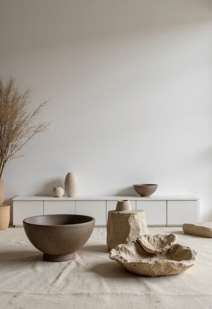 29 Wabi Sabi Living Room Ideas That Embrace Imperfection - 14. Simple Decorative Objects