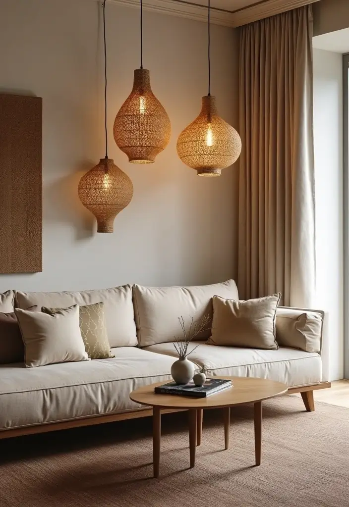 29 Wabi Sabi Living Room Ideas That Embrace Imperfection - 17. Unique Lighting Fixtures