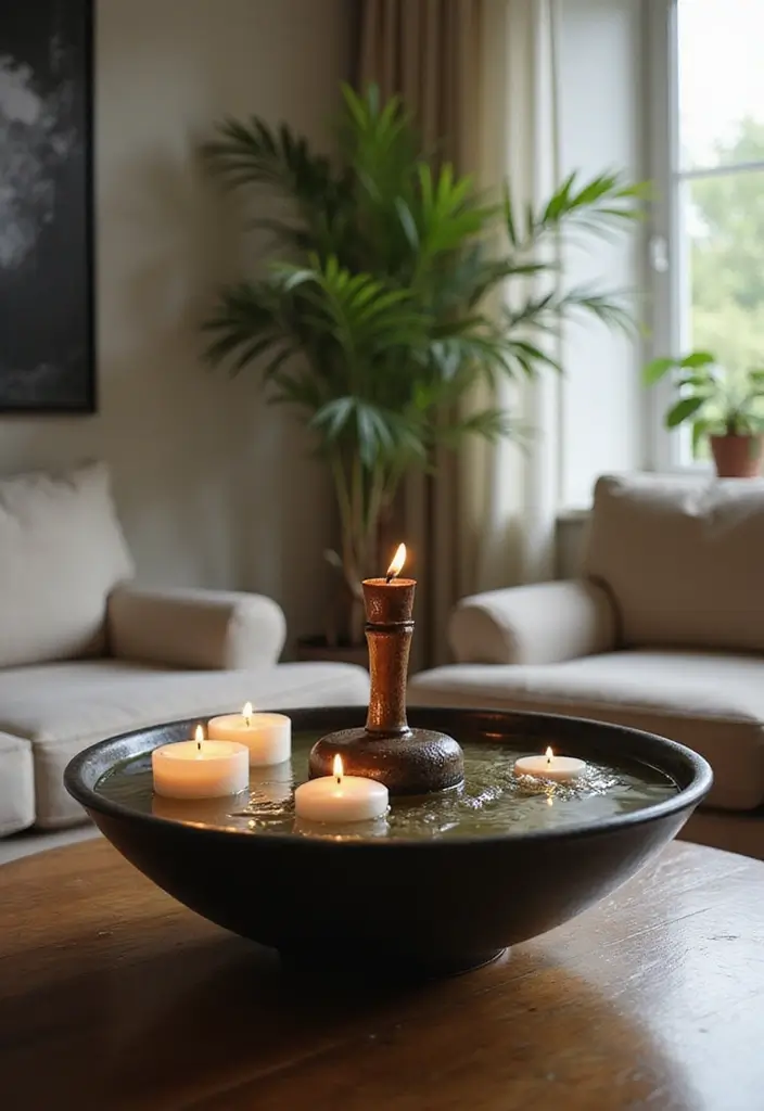 29 Wabi Sabi Living Room Ideas That Embrace Imperfection - 18. Incorporating Water Elements