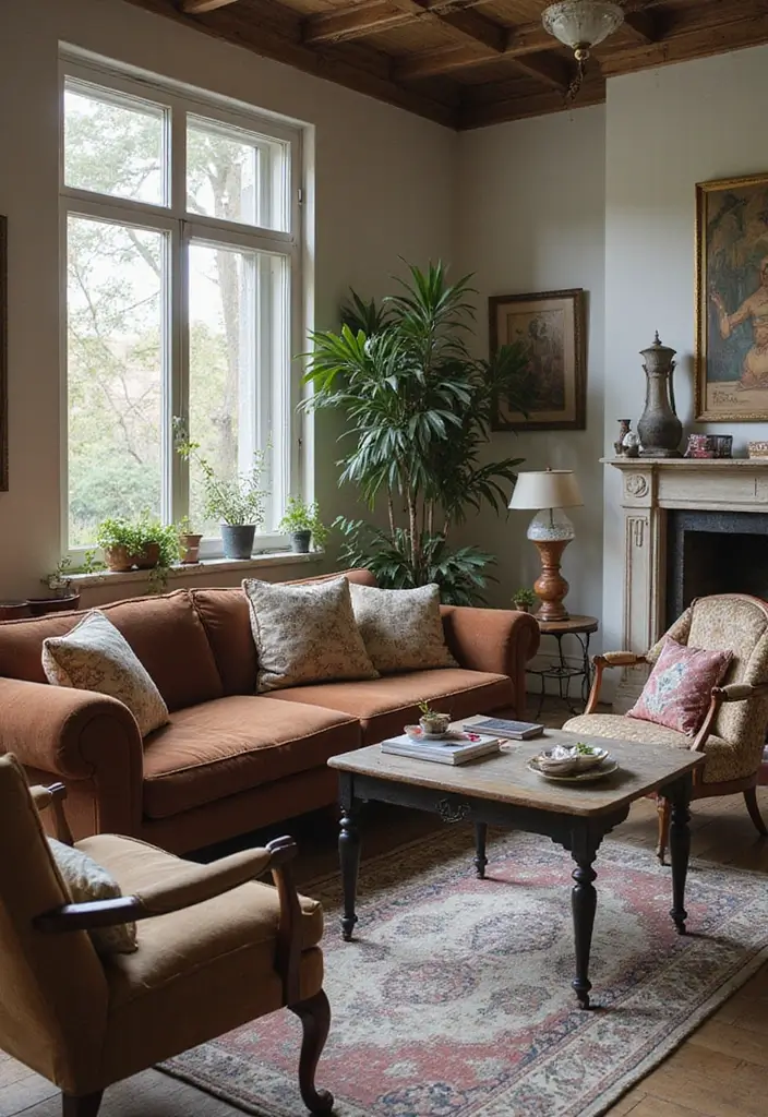 29 Wabi Sabi Living Room Ideas That Embrace Imperfection - 7. Vintage Finds