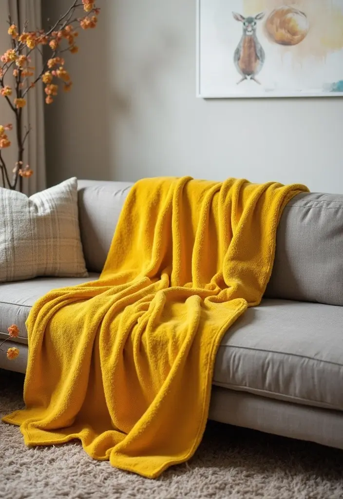 29 Yellow Grey Living Room Ideas That Look Fresh and Balanced - 18. Playful Throw Blankets