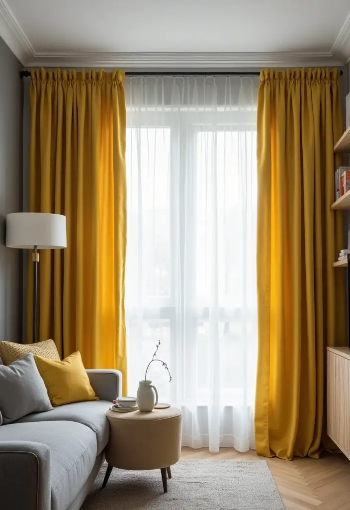 29 Yellow Grey Living Room Ideas That Look Fresh and Balanced - 19. Chic Curtains
