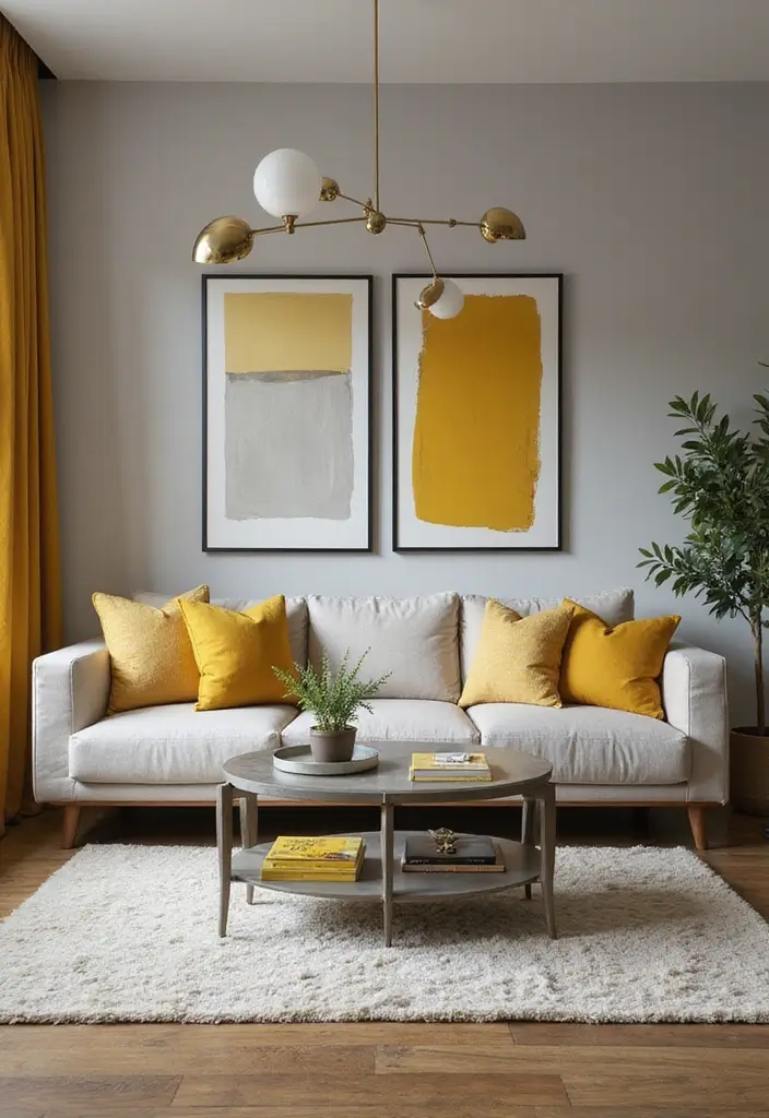 29 Yellow Grey Living Room Ideas That Look Fresh and Balanced - 21. Incorporating Metallics