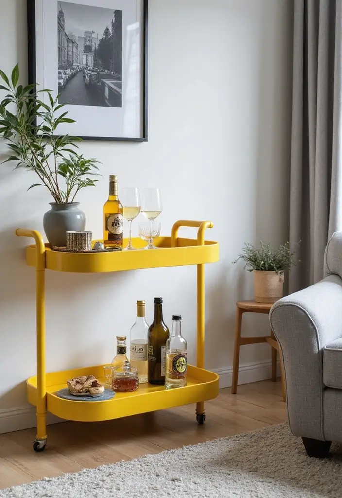 29 Yellow Grey Living Room Ideas That Look Fresh and Balanced - 22. Fun Bar Cart