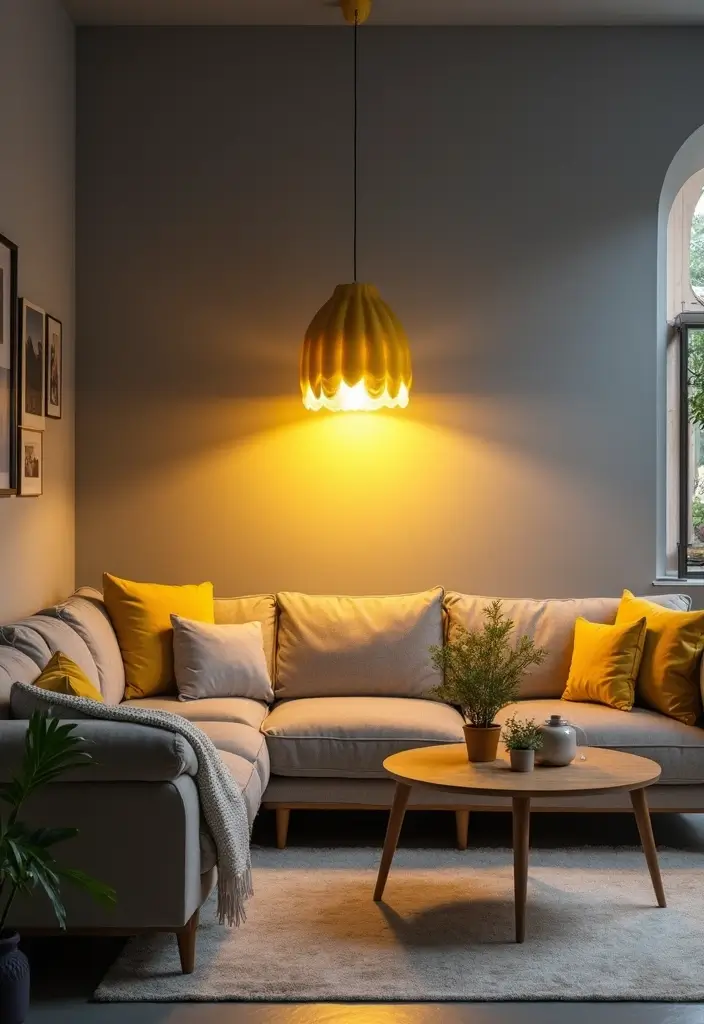 29 Yellow Grey Living Room Ideas That Look Fresh and Balanced - 5. Bright Light Fixtures