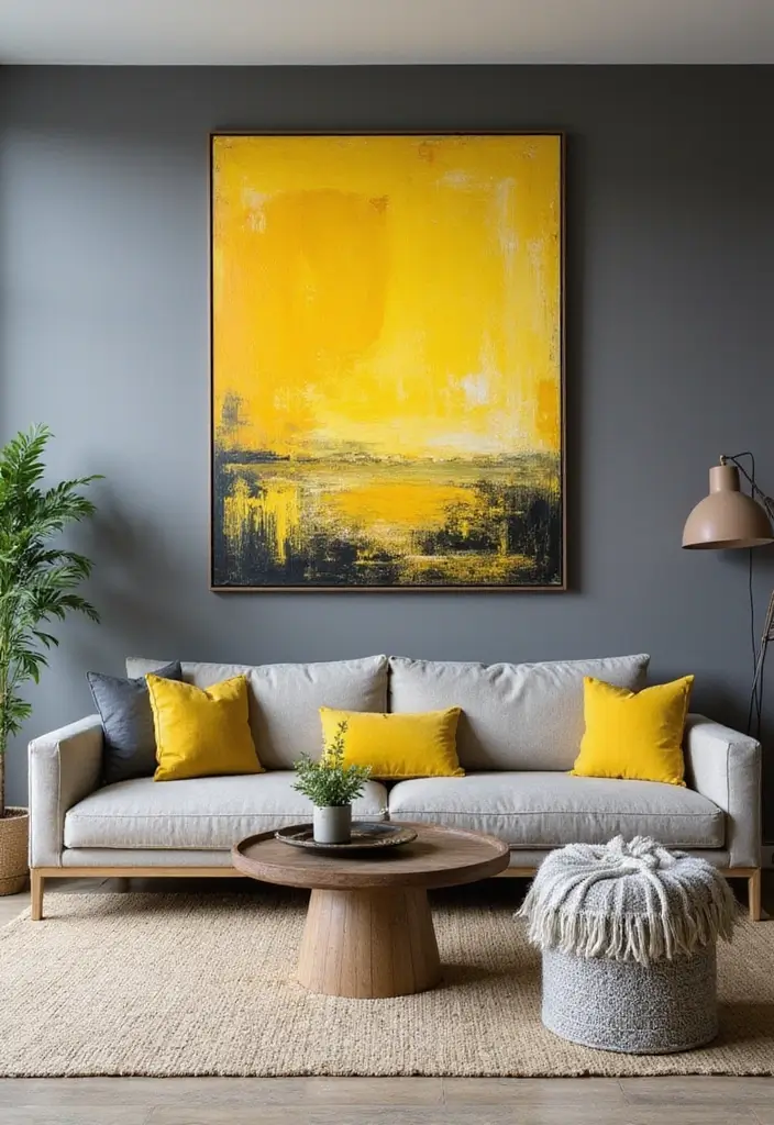 29 Yellow Grey Living Room Ideas That Look Fresh and Balanced - 6. Artistic Yellow Accents