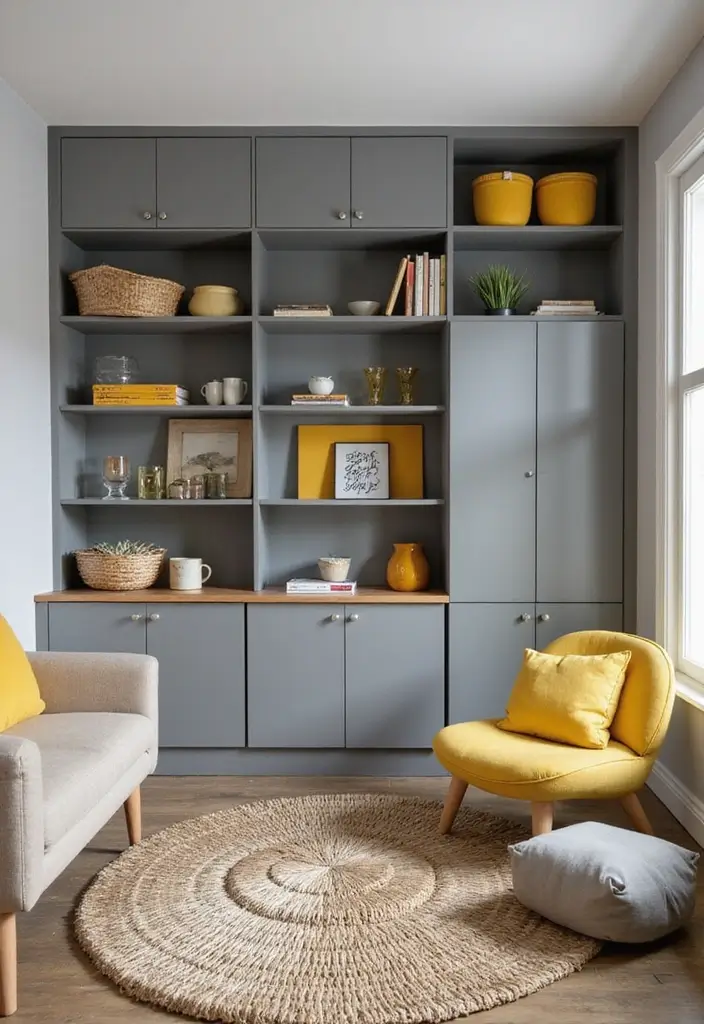 29 Yellow Grey Living Room Ideas That Look Fresh and Balanced - 8. Creative Storage Solutions