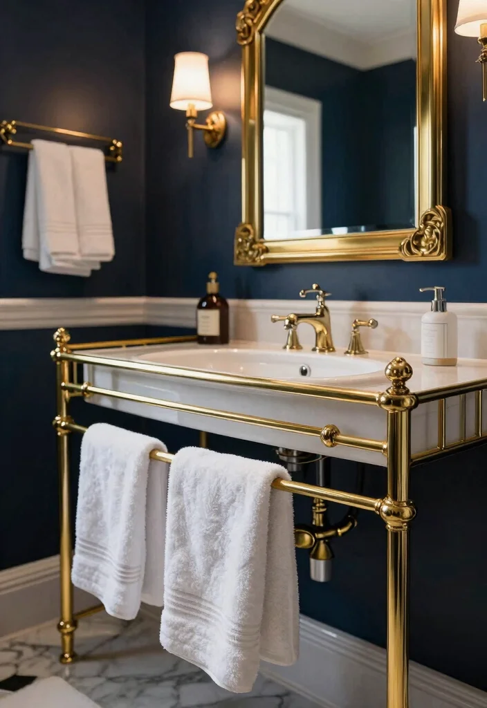 14 Bathroom Chair Rail Ideas That Add Character - 11. Vintage Brass Chair Rail for Luxurious Touch 1