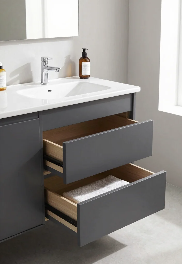 14 Charcoal Bathroom Vanity Ideas With Bold Modern Style - 10. Integrated Storage Solutions 1