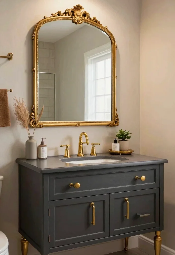 14 Charcoal Bathroom Vanity Ideas With Bold Modern Style - 4. Charcoal and Metallic Accents 1