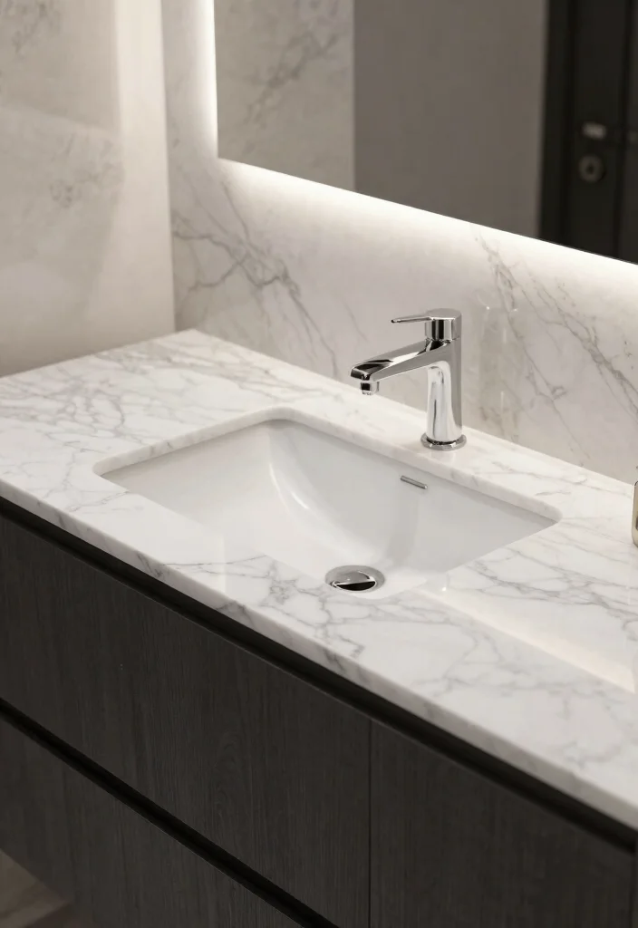 14 Charcoal Bathroom Vanity Ideas With Bold Modern Style - 9. Luxurious Marble and Charcoal Combination 1