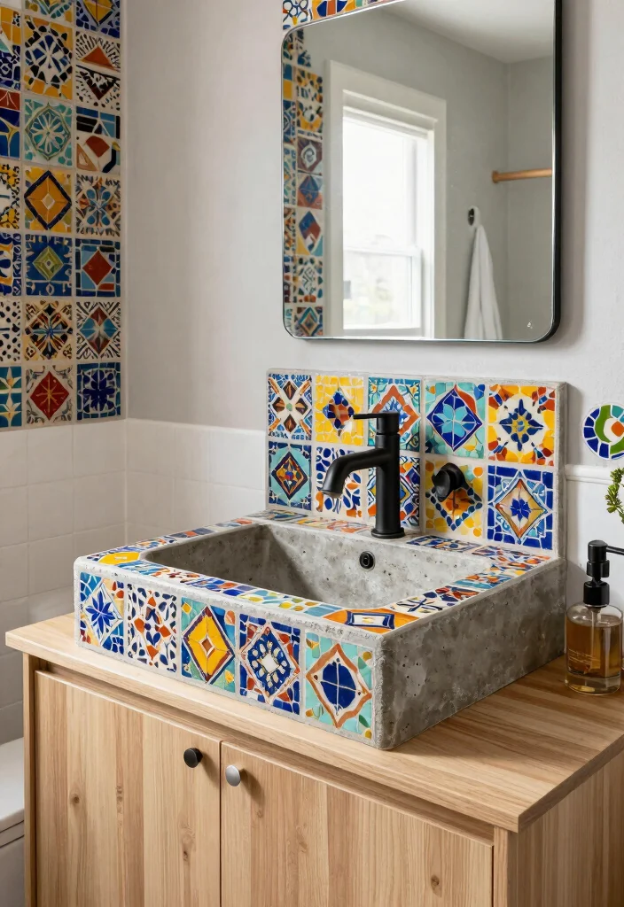 14 Concrete Bathroom Sink Ideas With Industrial Style - 10. Concrete Sink with Mosaic Tiles 1