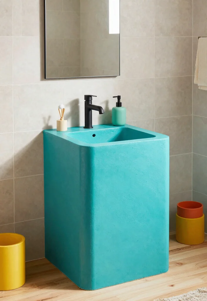 14 Concrete Bathroom Sink Ideas With Industrial Style - 14. Colorful Concrete Sink 1