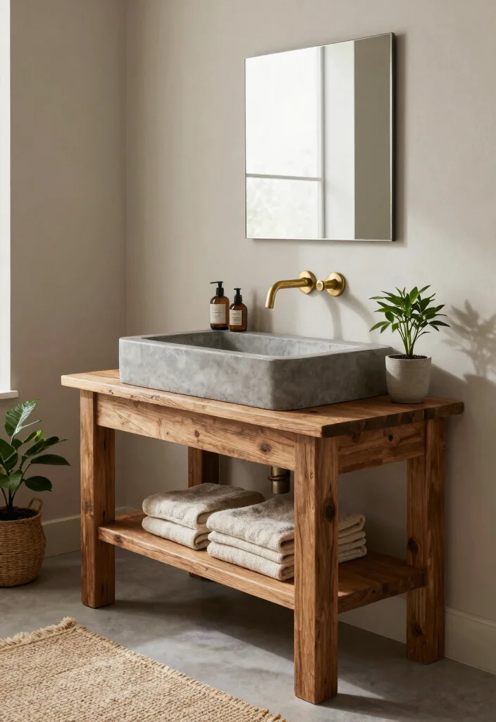 14 Concrete Bathroom Sink Ideas With Industrial Style - 9. Concrete Sink with Wooden Vanity 1