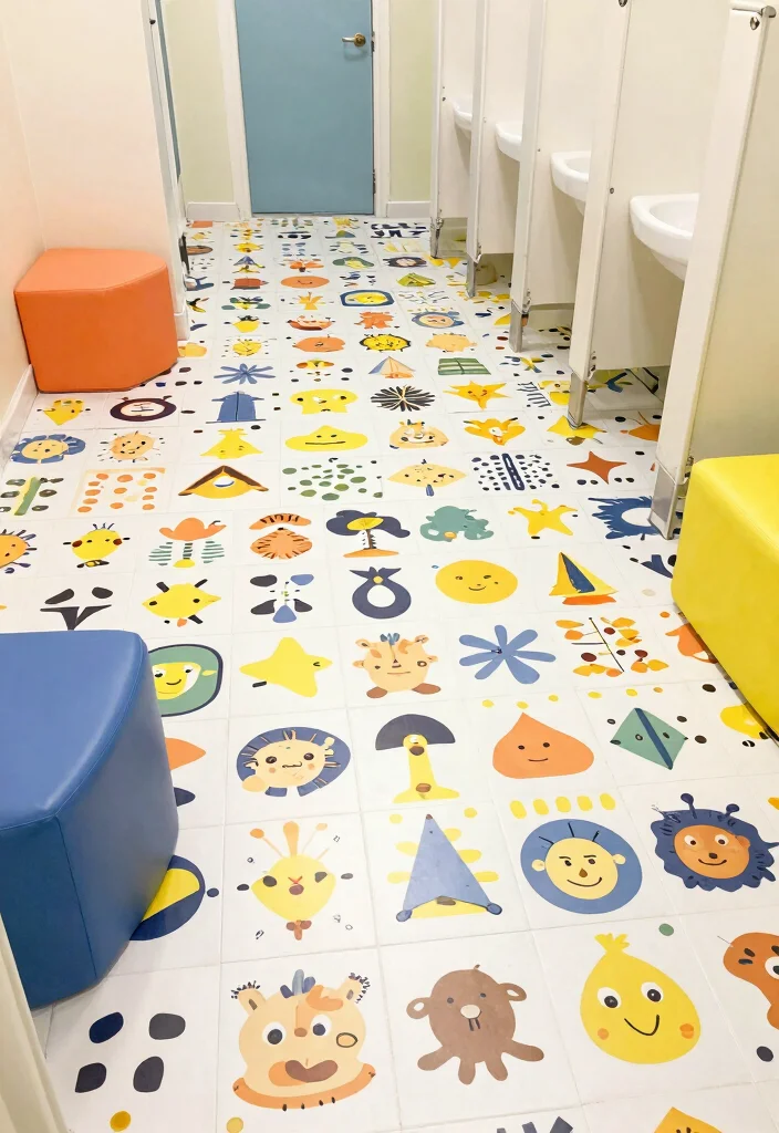 14 Daycare Bathroom Ideas That Are Kid Friendly And Fun - 9. Playful Floor Design 1