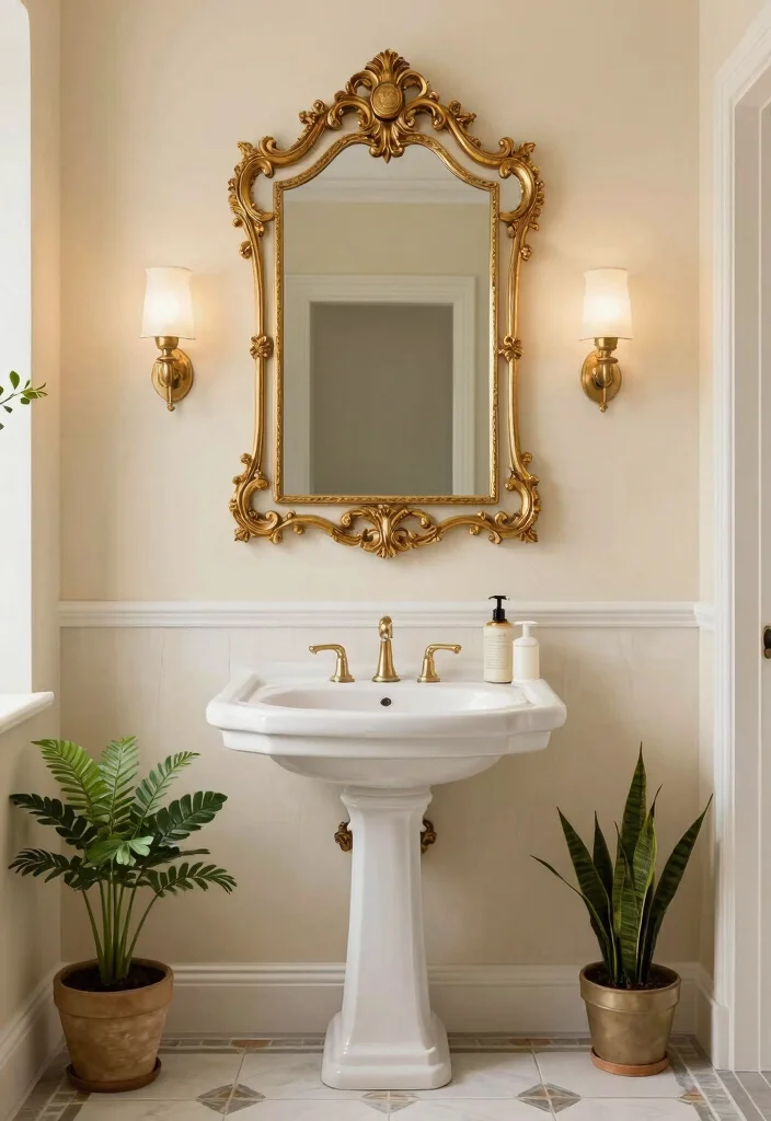 14 Framed Bathroom Mirror Ideas With Classic Style - 1. Ornate Gold Framed Mirror 1