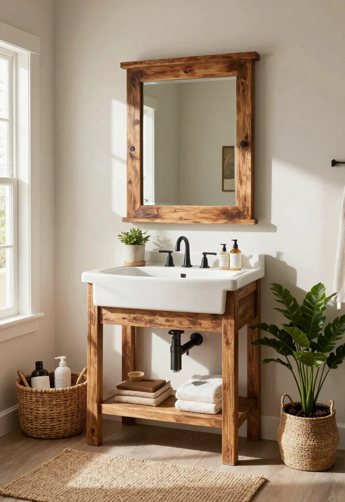 14 Framed Bathroom Mirror Ideas With Classic Style - 2. Rustic Wooden Frame 1