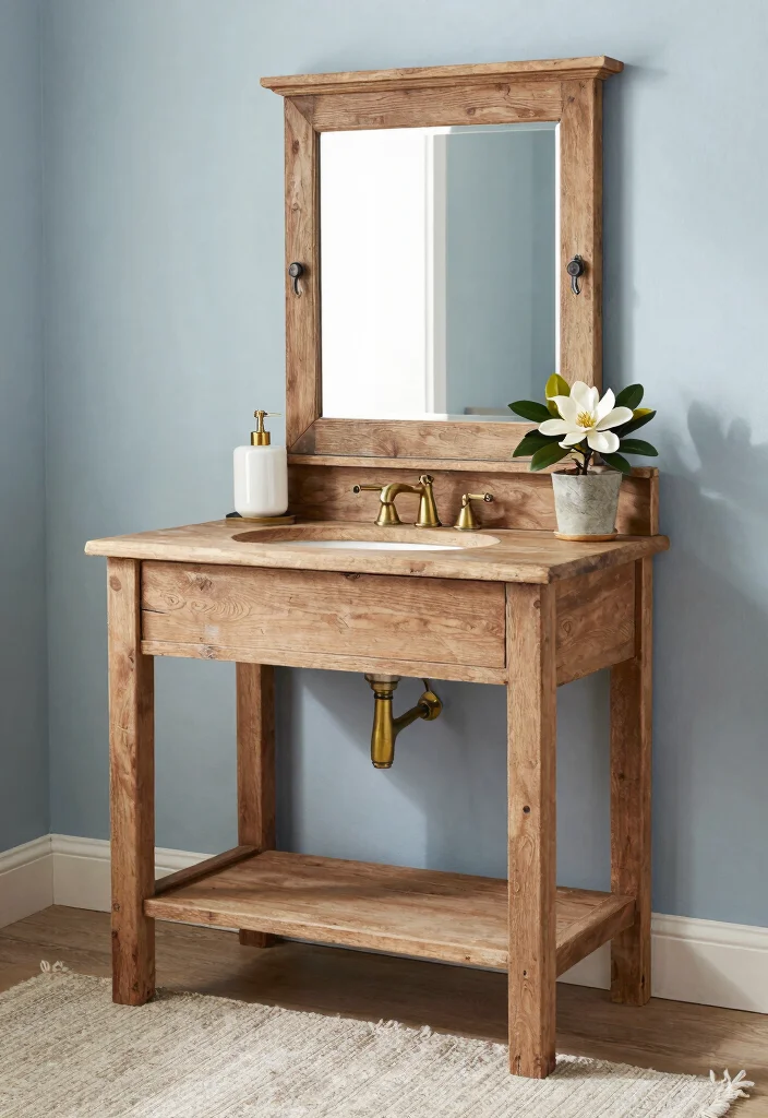 14 Magnolia Bathroom Ideas Inspired By Modern Farmhouse Style - 2. Rustic Vanity with Magnolia Decor 1