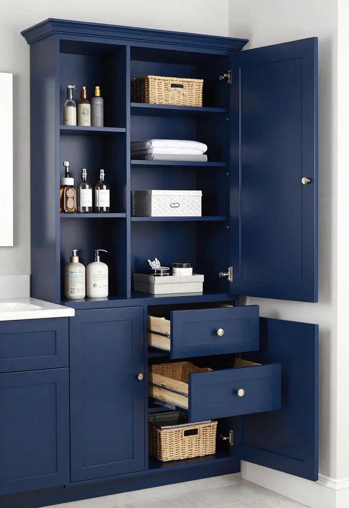 14 Navy Bathroom Cabinet Ideas With Deep Colour - 13. Creative Storage Solutions 1
