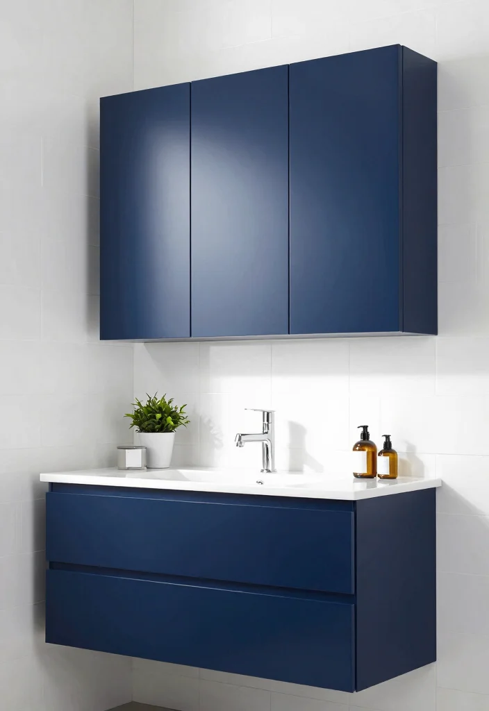 14 Navy Bathroom Cabinet Ideas With Deep Colour - 2. Modern Minimalism 1