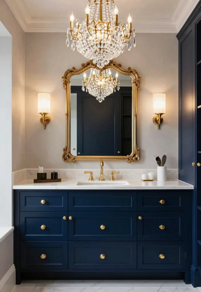 14 Navy Bathroom Cabinet Ideas With Deep Colour - 7. Glamorous Touch 1
