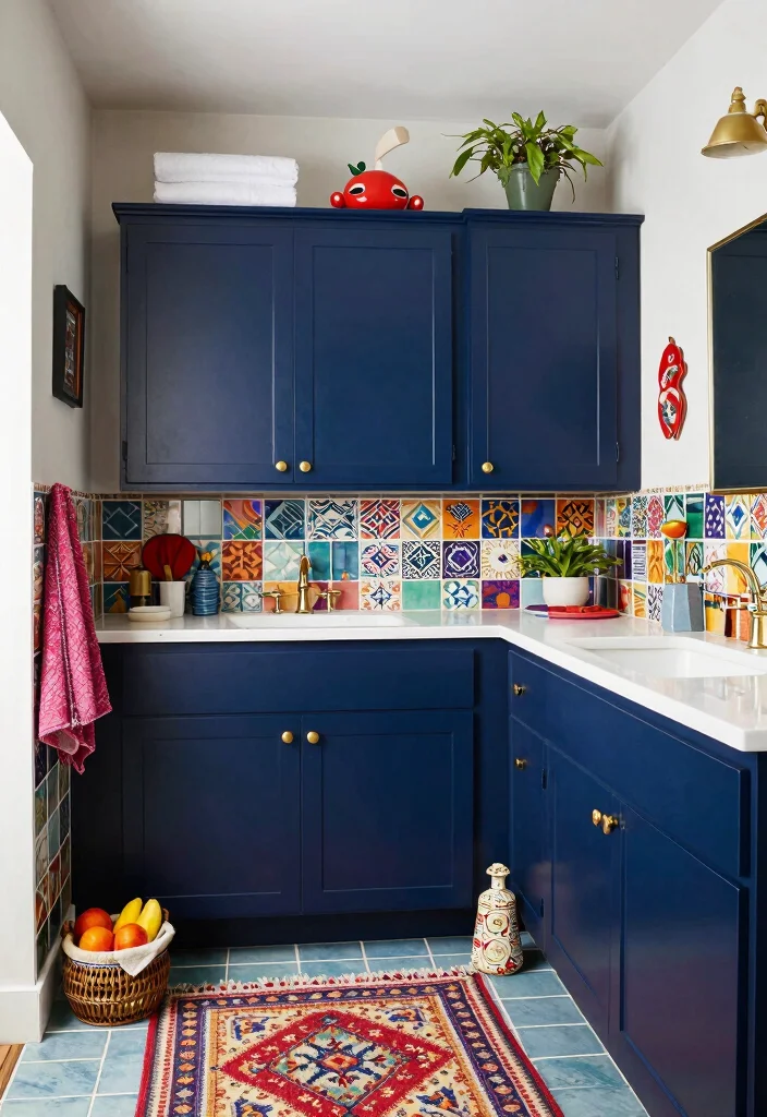 14 Navy Bathroom Cabinet Ideas With Deep Colour - 9. Eclectic Vibes 1
