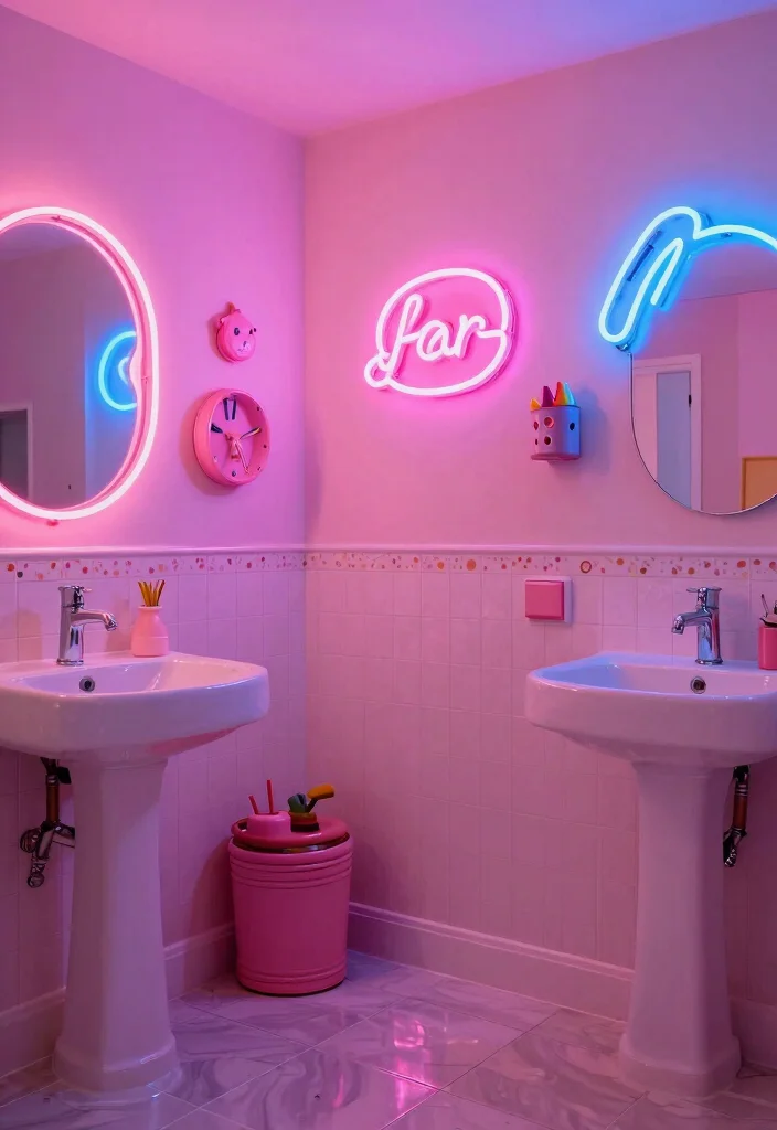 14 Vanity Sconce Bathroom Ideas For Perfect Lighting - 6. Retro Neon Glow 1