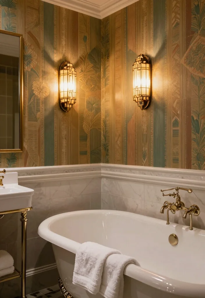 14 Vanity Sconce Bathroom Ideas For Perfect Lighting - 7. Art Deco Glam 1
