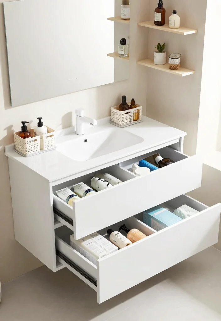 14 White Vanity Bathroom Ideas With Bright Clean Style - 13. Smart Storage Solutions 1